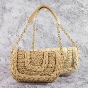 Woven Raffia Flap Shoulder Bag: CAMEL