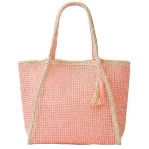 Two Tone Woven Straw Tote Bag: PINK