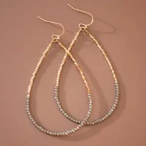 Gold and Gray Beaded Hollow Drop Earrings with Glass Beads
