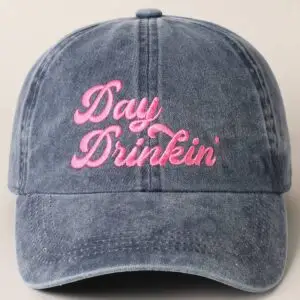 Day Drinkin' Text Embroidered Baseball Cap: NAVY with Pink Lettering