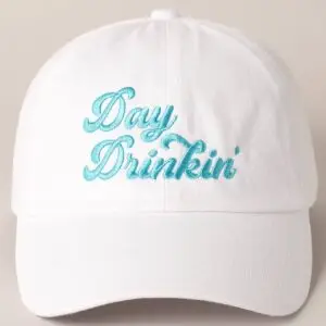 Day Drinkin' Text Embroidered Baseball Cap: WHITE with Blue Lettering