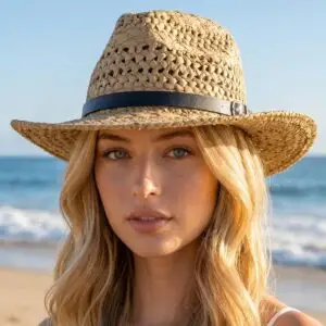 Open Weave Raffia Panama Fedora Hat: NATURAL