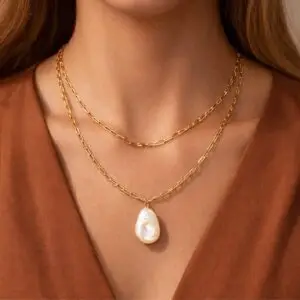 18K Gold PVD Plated Stainless Steel Chain Freshwater Pearl Necklace