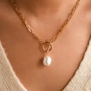 18K Gold PVD Plated Waterproof Stainless Steel Layered Chain Necklace with Toggle Clasp