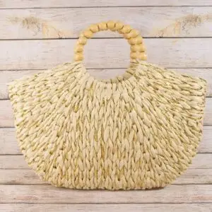 Straw Braided Half Moon Round Handle Tote Bag: Beige