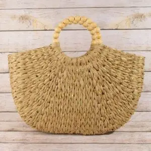 Straw Braided Half Moon Round Handle Tote Bag: KH