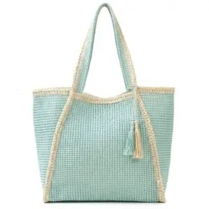 Two Tone Woven Straw Tote Bag: BLUE