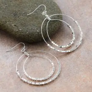 Silver Beaded Double Circle Drop Earrings