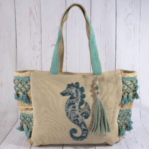 Seahorse Embroidered Jute Fringe Panel Tote Bag
