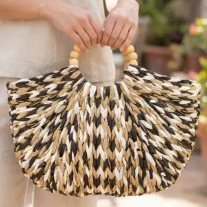 Straw Braided Half Moon Round Handle Tote Bag: Multicolor