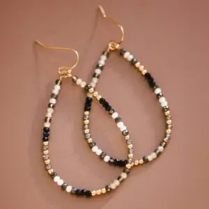 Teardrop Wire Beaded Glass Crystal Earrings -Mixed Black
