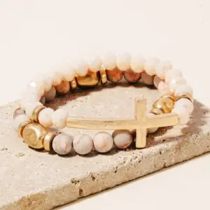 Cross Charm Stone Beaded Bracelet Set: PK