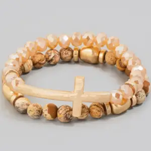 Cross Charm Stone Beaded Bracelet Set: Earth Tone Colors