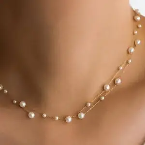 18K Gold Plated Waterproof Stainless Steel Layered Pearl Chain Necklace