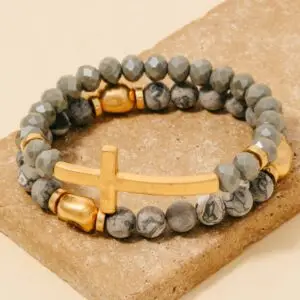 Cross Charm Stone Beaded Bracelet Set: GR
