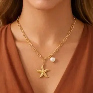 18K Gold Plated Starfish Waterproof Stainless Steel Paperclip Chain Necklace