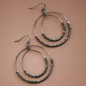 Gun Black Beaded Double Circle Drop Earrings